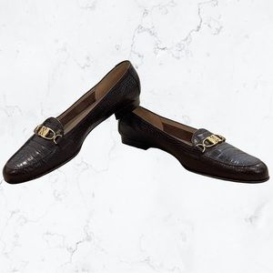 Salvatore Ferragamo Dark Brown Leather Croc Embossed Oxford Loafer Flats Gold